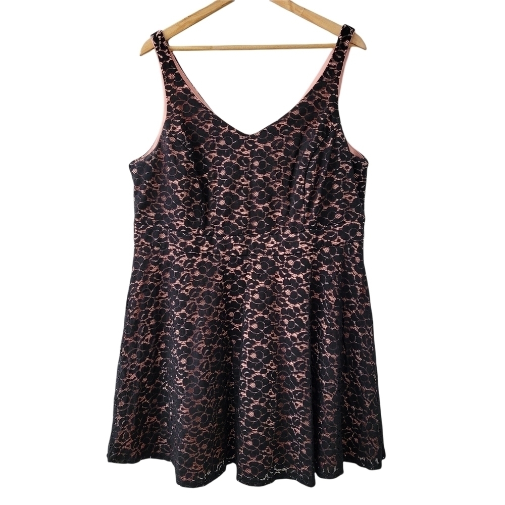 Pink Black Lace Overlay Mini Dress Fit & Flare Sz 16